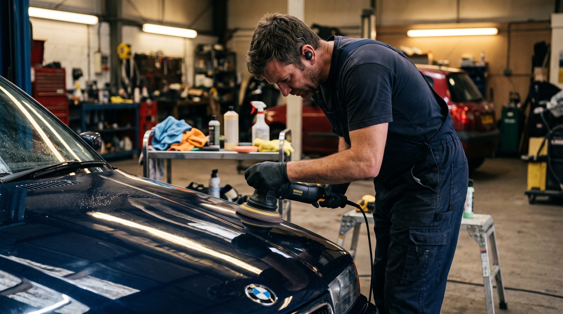 Technician machine polishing the bonnet of a dark car in the workshop
