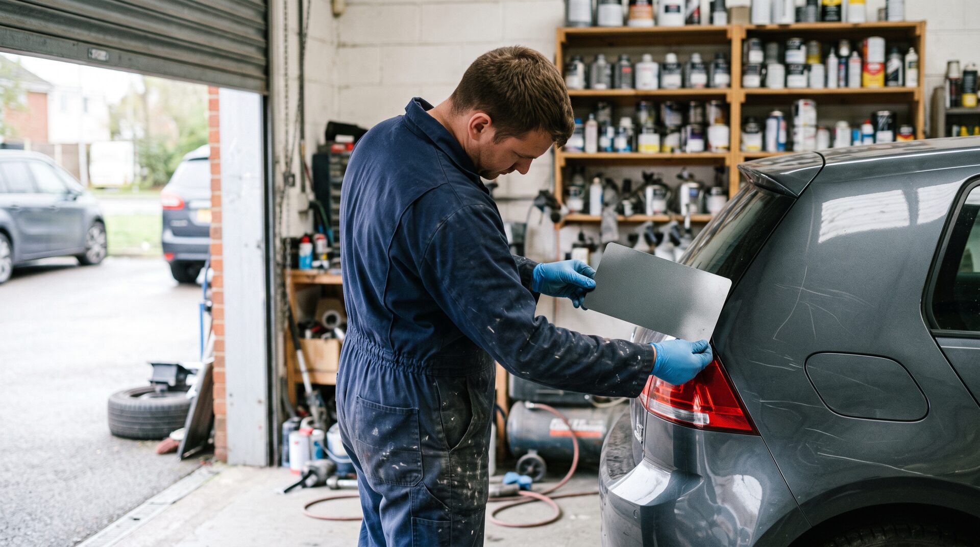 Technician working at the rear of a car beside the paint stock at Smart Spray Bodywork in Bury St Edmunds