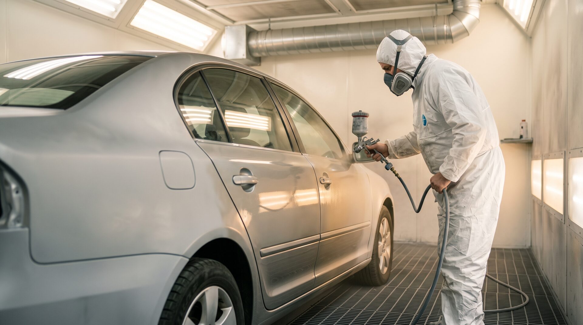 Technician in an air fed suit spraying a car panel inside the Smart Spray Bodywork spray booth