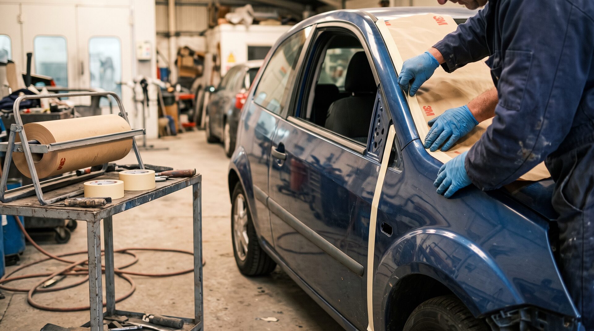Technician masking up a car door and wing with tape and paper before the panel is sprayed