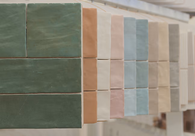 Ceramic tile sample swatches in a range of colors at the Flooring Services LLC Charleston showroom