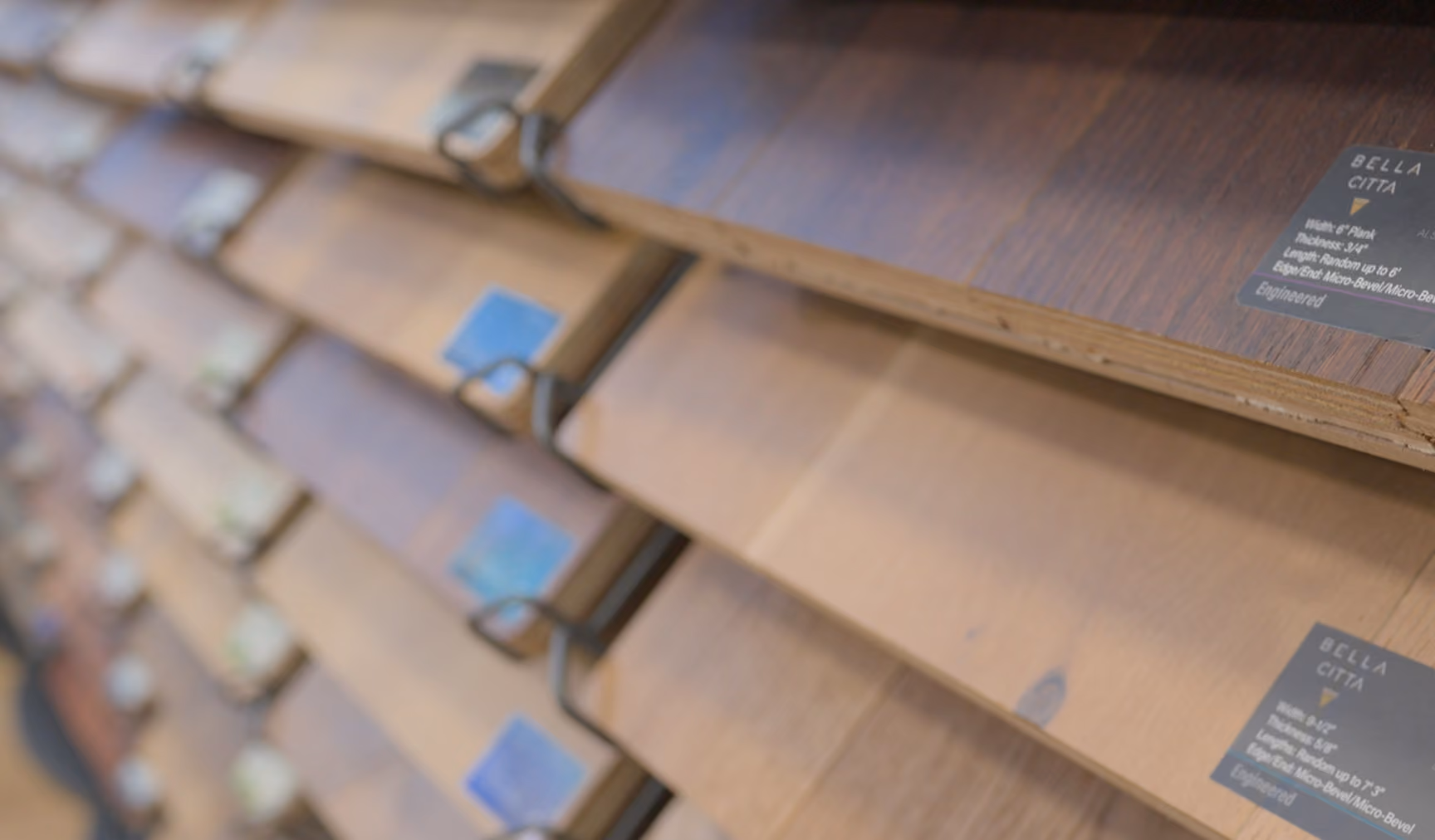 Close-up of hardwood flooring samples at the Flooring Services LLC showroom