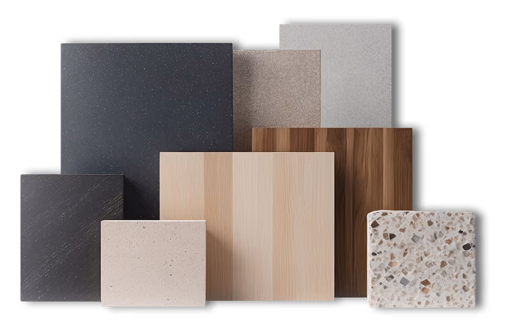 Assorted wood, stone and terrazzo flooring material samples