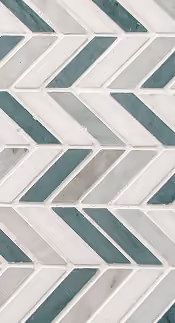 Mint green, white and gray marble chevron mosaic tile flooring sample