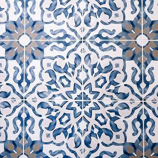 Blue and white patterned medallion-style tile flooring sample
