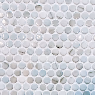White, gray and blue penny round mosaic tile flooring sample