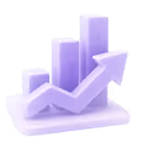 Purple 3D bar chart with three vertical bars and an upward trending arrow.