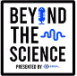 Blue neon microphone and audio waveform icons on a black background with a small blue circular logo below.