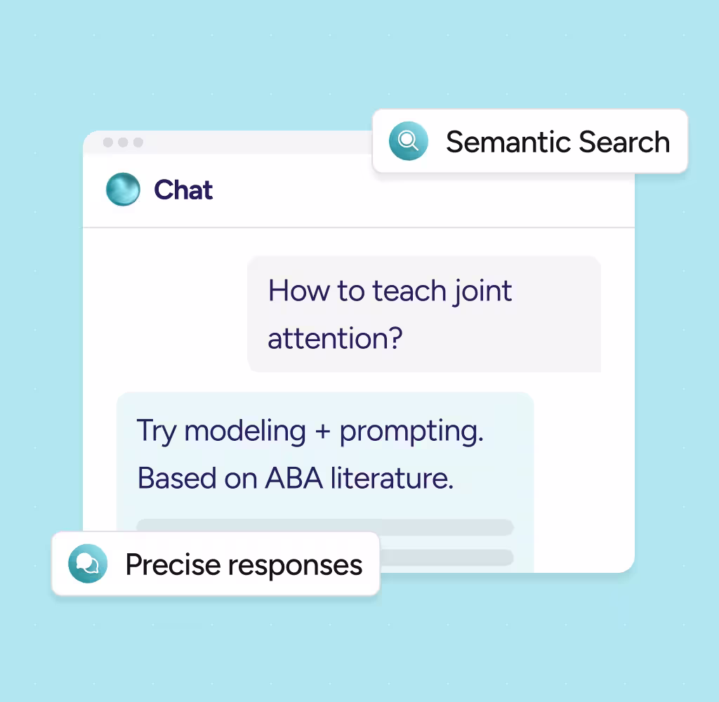 Chat interface showing a question 'How to teach joint attention?' with a response 'Try modeling + prompting. Based on ABA literature.', highlighting features Semantic Search and Precise responses.