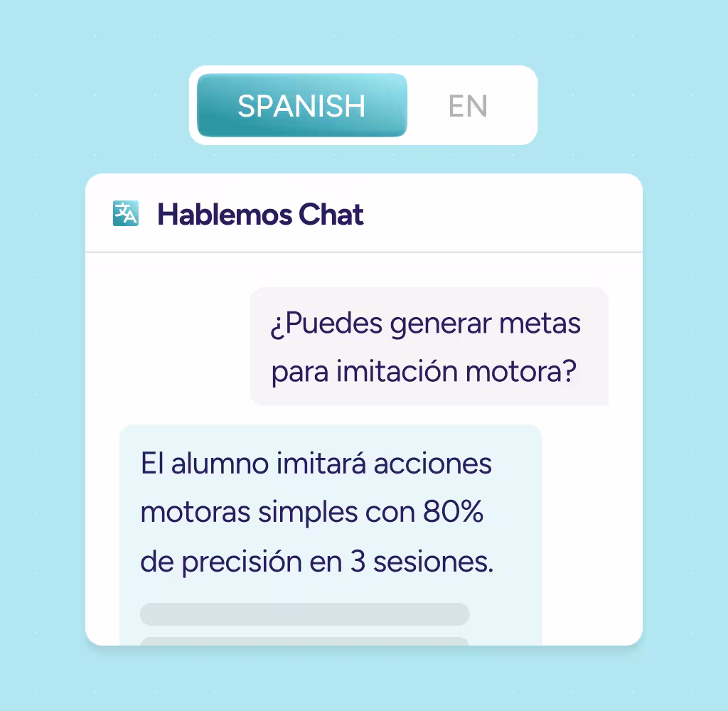 Chat interface in Spanish showing a question about generating motor imitation goals and a response stating the student will imitate simple motor actions with 80% accuracy in 3 sessions.