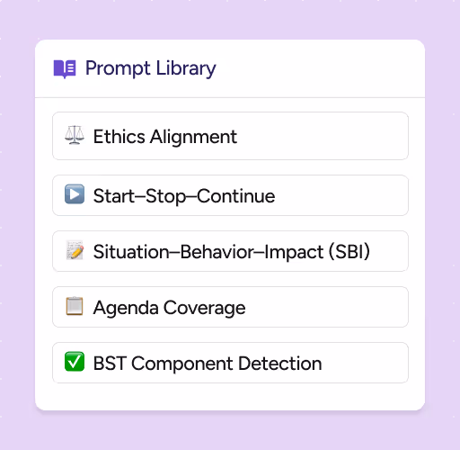 A prompt library menu with options: Ethics Alignment with scales icon, Start–Stop–Continue with play button icon, Situation–Behavior–Impact (SBI) with pencil icon, Agenda Coverage with clipboard icon, and BST Component Detection with green checkmark icon.