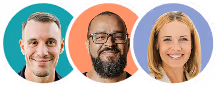 Three smiling people in circular frames: a man with short hair and a beard, a bald man with glasses and a beard, and a woman with blonde hair.