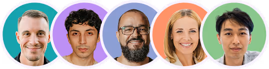 Portraits of five diverse people smiling, each shown in a circular frame with colorful backgrounds.