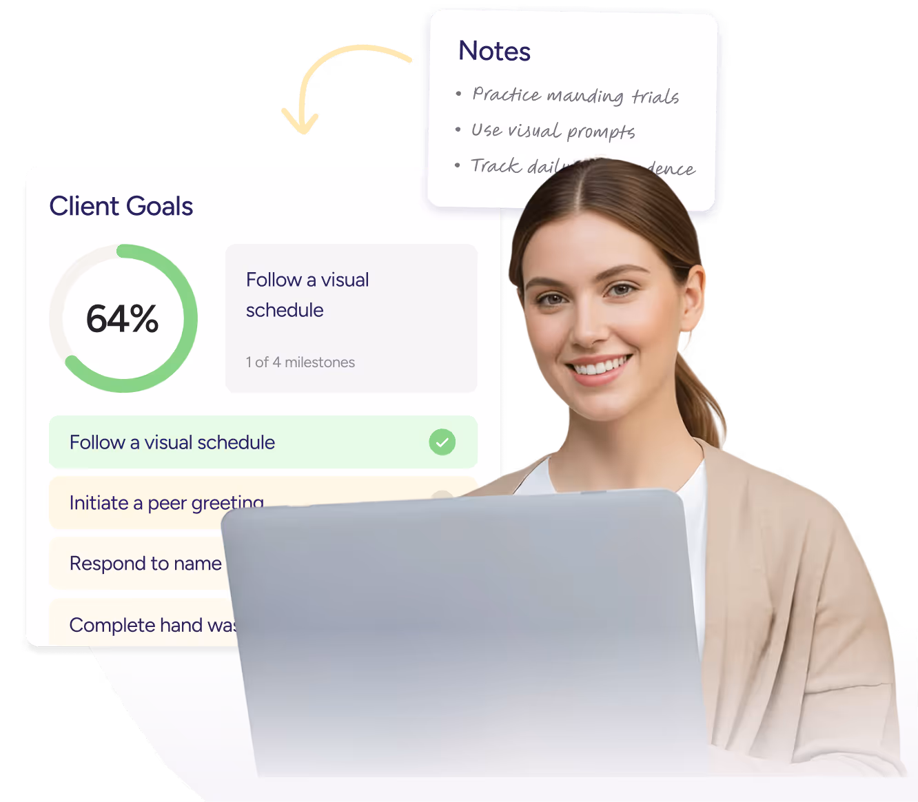 Smiling woman using a laptop with client goals displayed, showing 64% progress on following a visual schedule and notes on practice manding trials and using visual prompts.