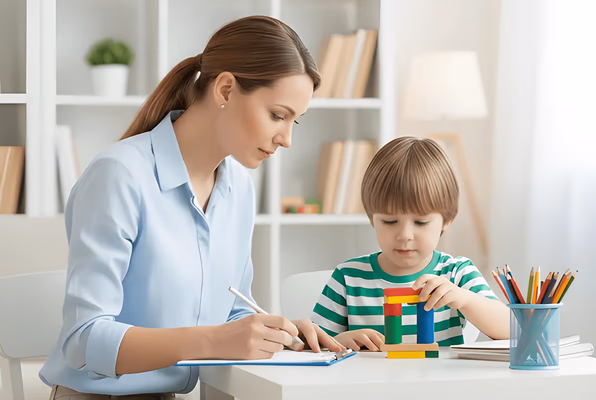 Woman in light blue shirt helping a young boy in a green and white striped shirt build a colorful block structure at a white table.