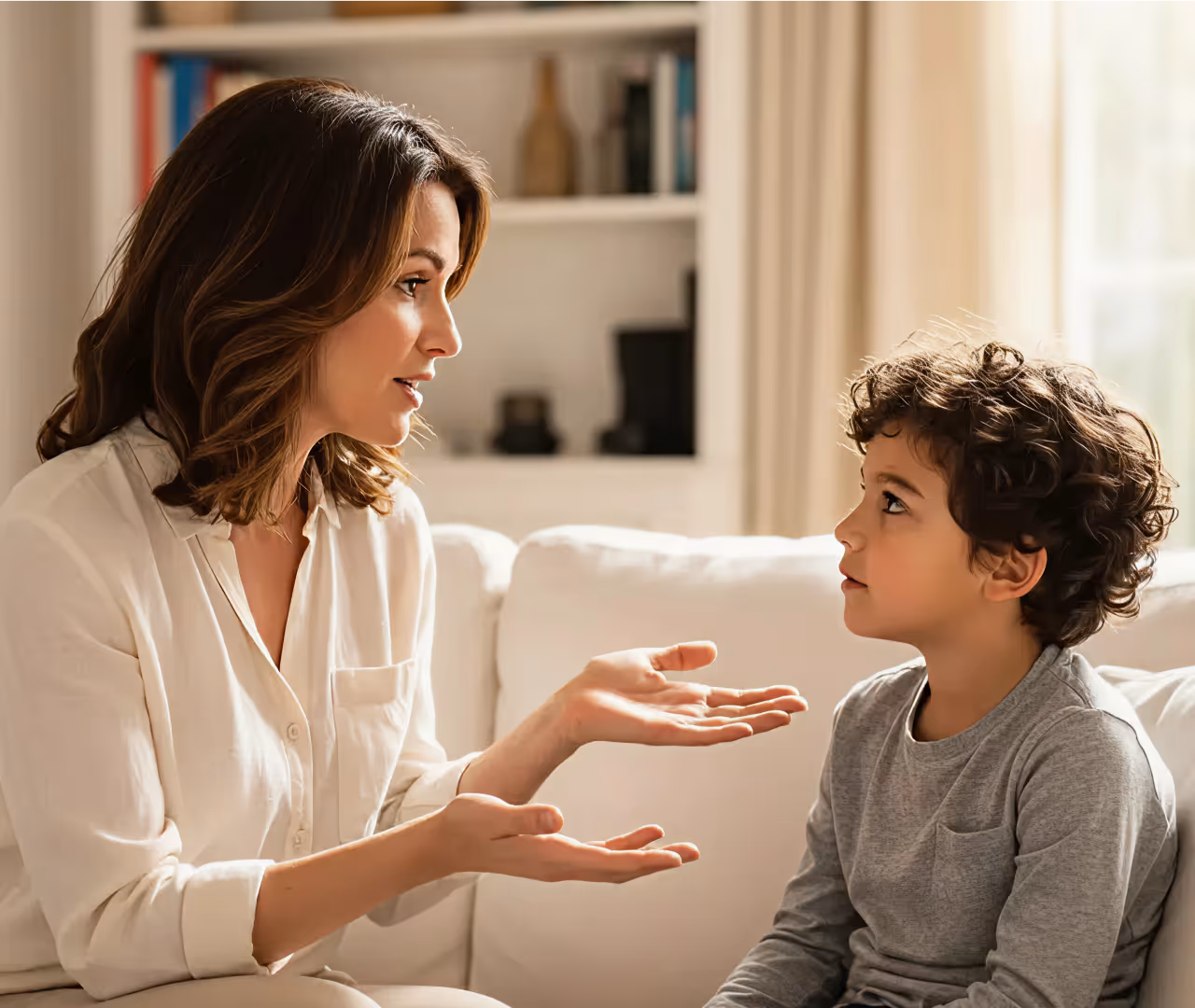 A woman speaking calmly and gesturing with her hands while a young boy listens attentively on a white couch.