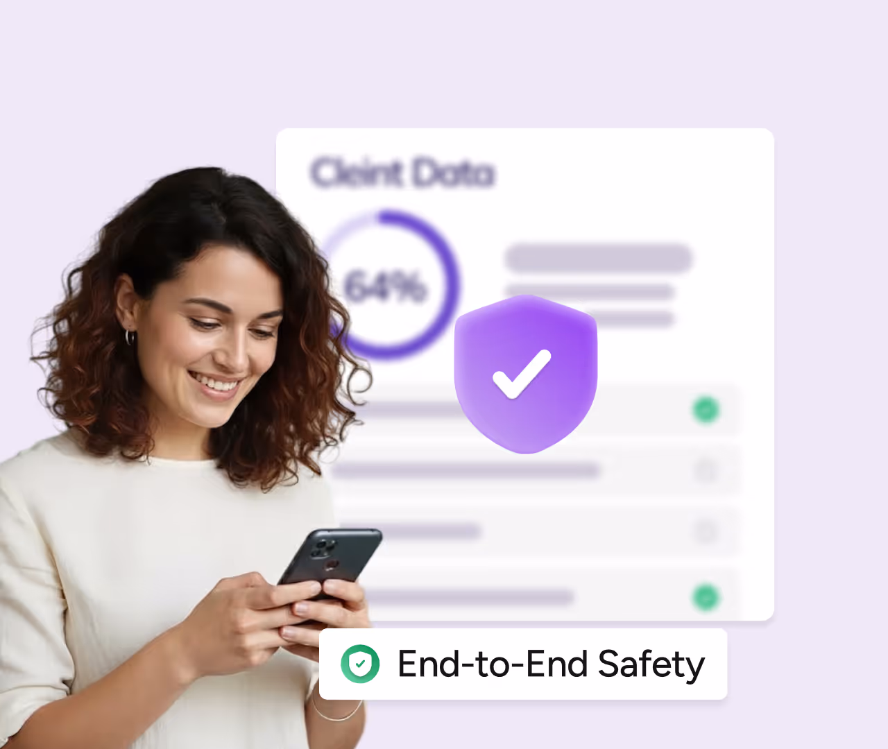 Smiling woman using a smartphone with a purple shield icon and checkmark representing data security and end-to-end safety.