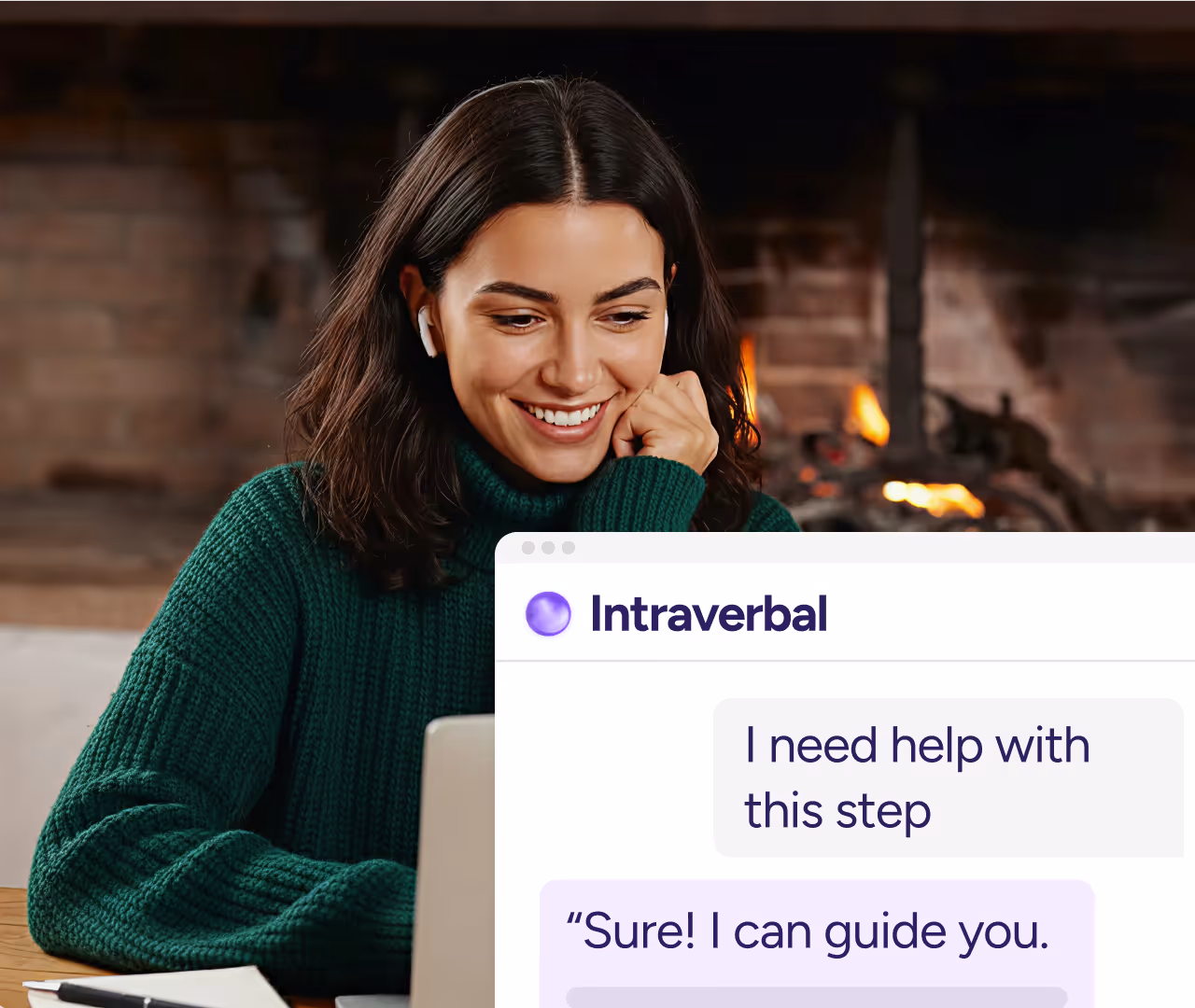 Smiling woman in a green sweater using a laptop with a chat window open showing a conversation about needing help with a step.