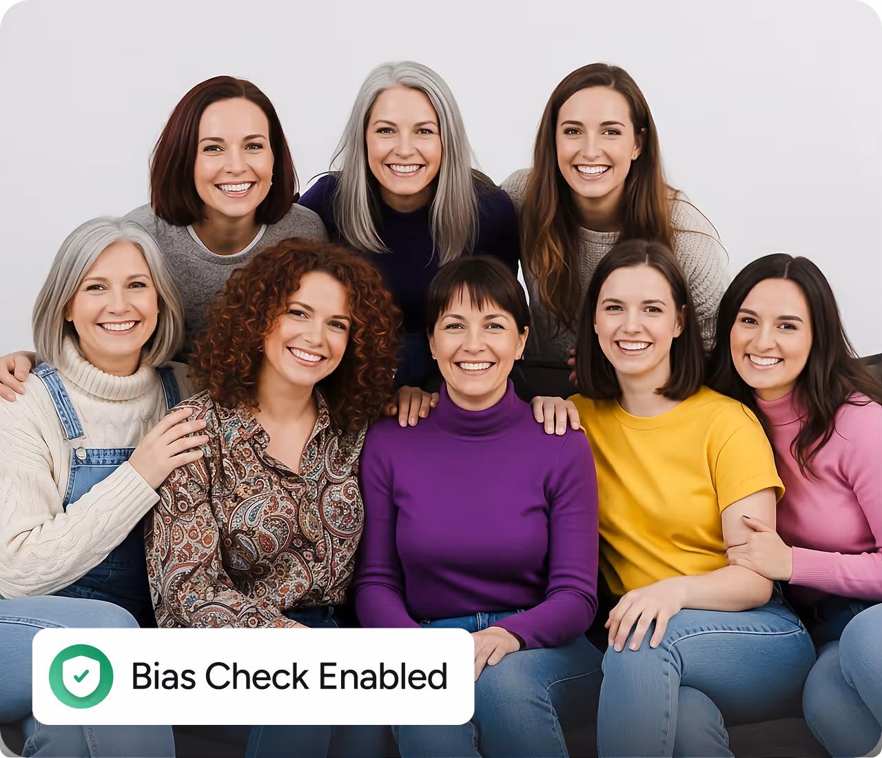 Group of eight smiling women of varying ages sitting closely together against a plain background.