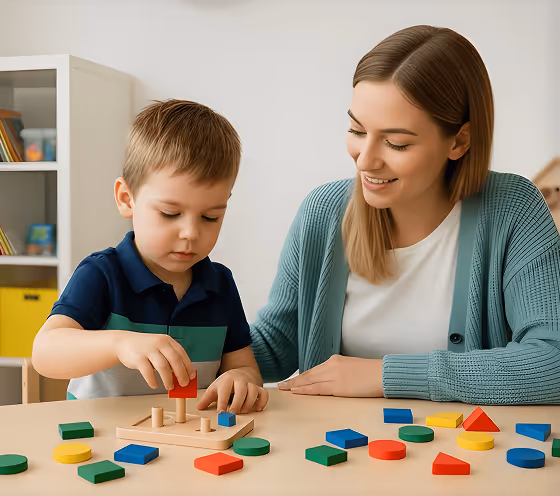 Young boy playing with colorful geometric shape puzzle pieces at a table with a smiling woman watching him.