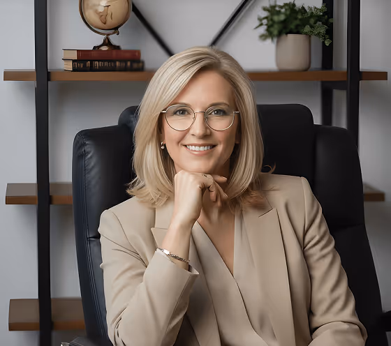 Smiling blonde woman wearing glasses and a beige blazer sitting in a black office chair with a bookshelf in the background.