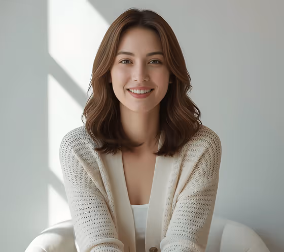 Smiling woman with shoulder-length brown hair wearing a white knitted cardigan, sitting in a light-filled room.