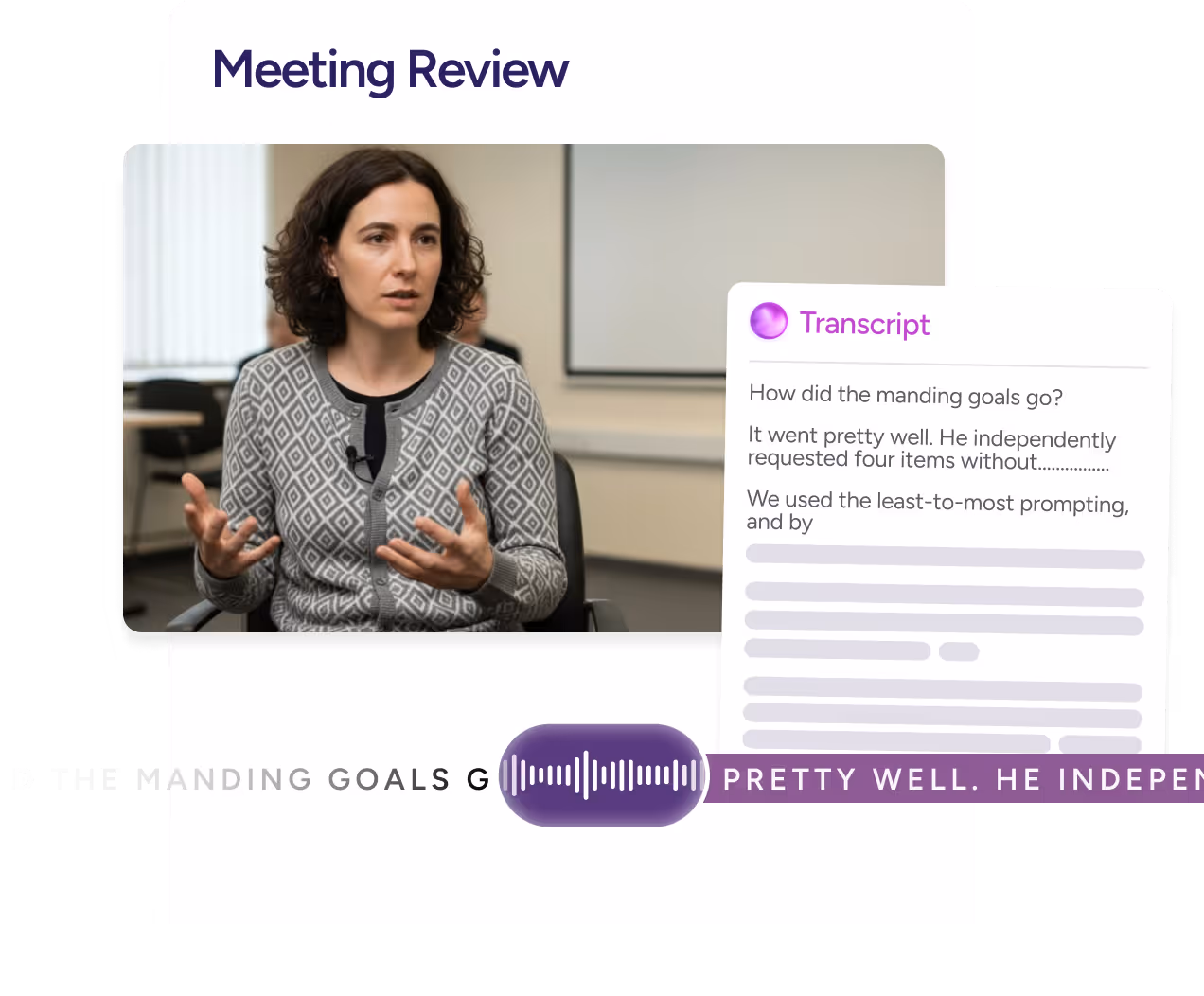 Woman with curly dark hair in a gray patterned sweater speaking in a meeting room, alongside a transcript overlay showing partial text about manding goals and prompting.