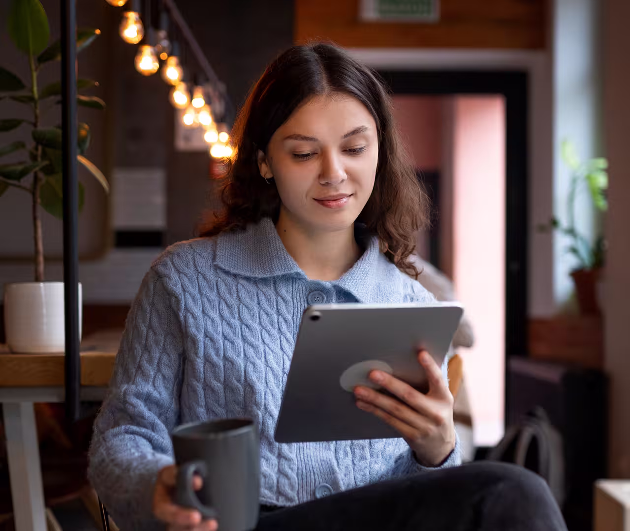 Woman in blue sweater holding a mug and looking at a tablet in a cozy, softly lit room.