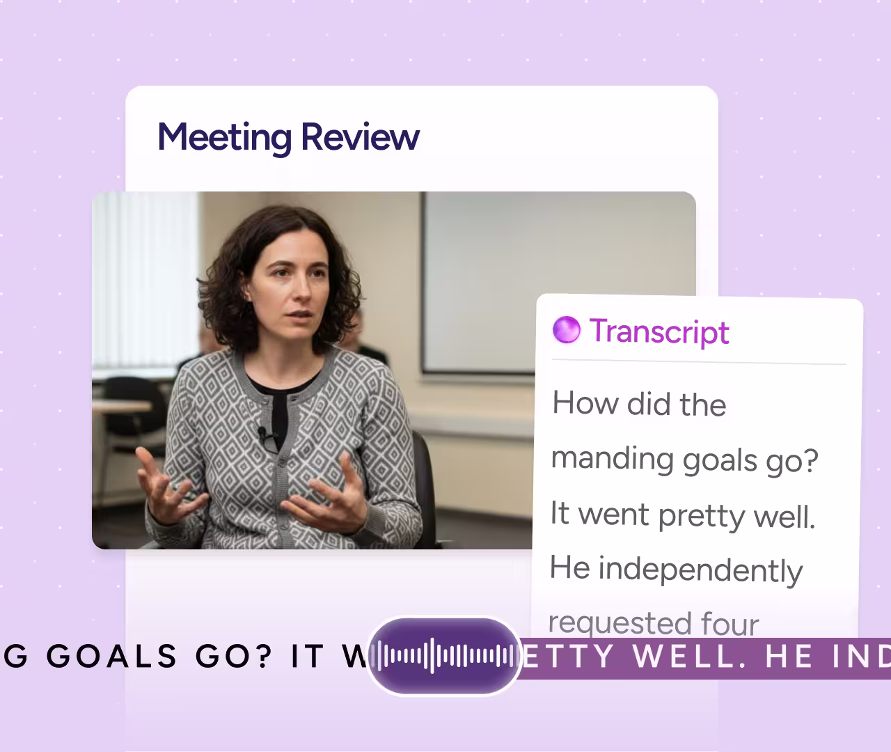 Woman with curly hair speaking during a meeting review with text transcript overlay showing discussion about manding goals.