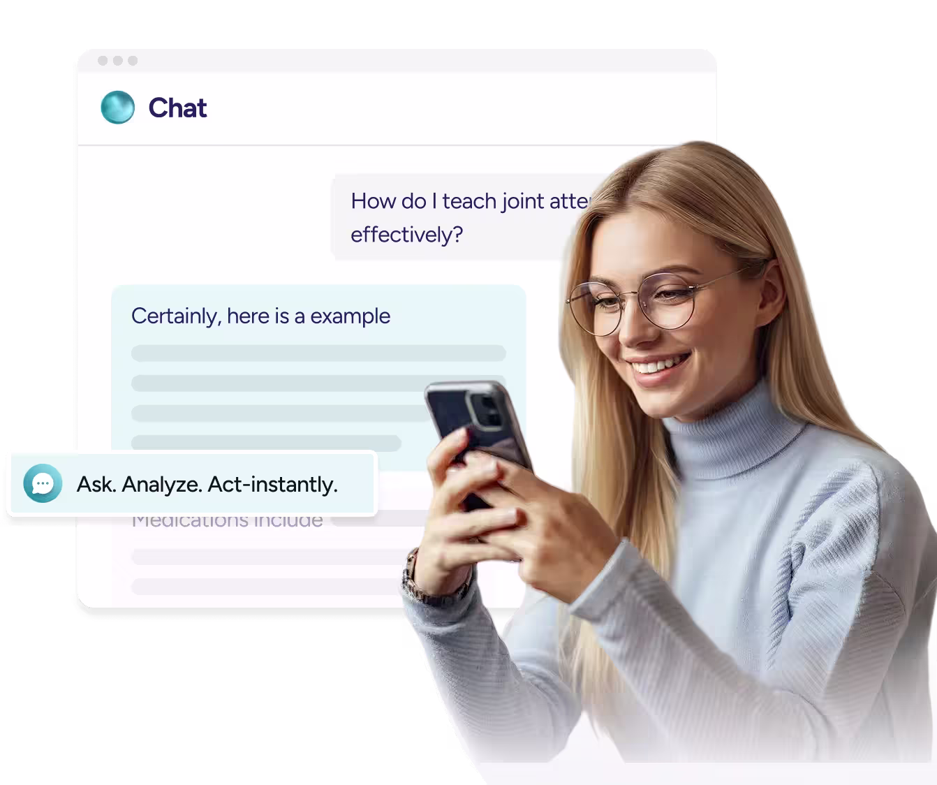 Smiling woman with glasses and long blonde hair using a smartphone, overlaid with chat interface showing a conversation about teaching joint attention.
