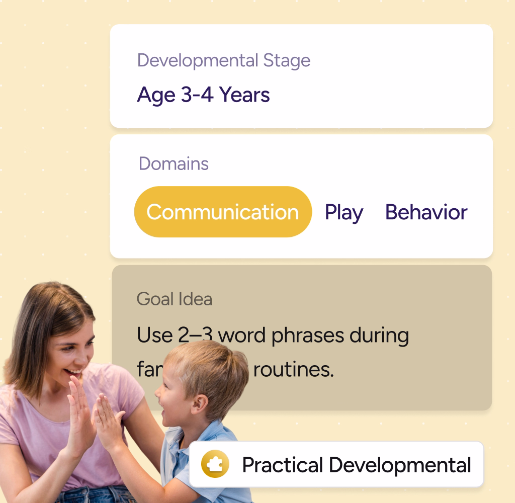 Developmental stage Age 3-4 Years focusing on communication domain with goal to use 2-3 word phrases during family routines, showing a woman and child giving high five.