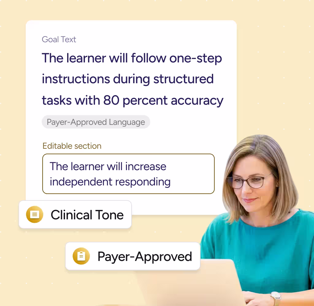 Screenshot showing a goal text stating 'The learner will follow one-step instructions during structured tasks with 80 percent accuracy' and editable section text that says 'The learner will increase independent responding,' with tags labeled Clinical Tone and Payer-Approved; a woman in glasses and a teal shirt works on a laptop.
