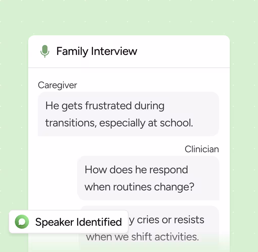 Text conversation titled Family Interview showing a caregiver mentioning frustration during transitions at school and a clinician asking about response to routine changes, with a partial reply about crying or resisting activity shifts.