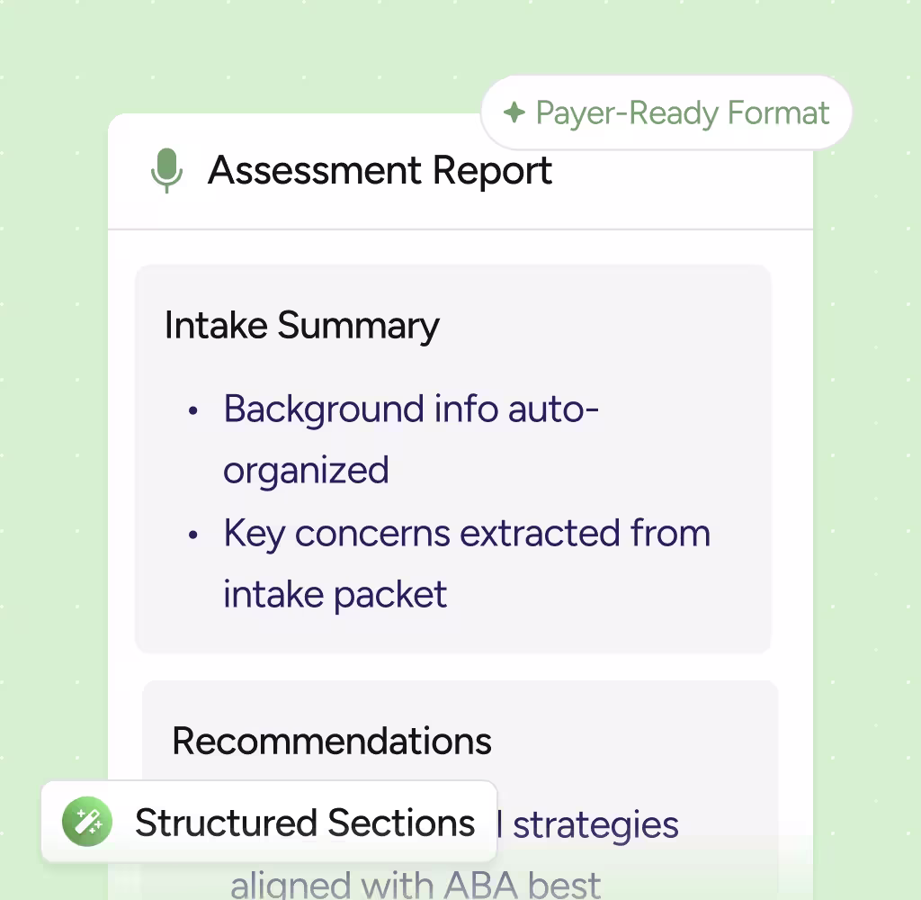 Part of an assessment report showing intake summary with auto-organized background info and extracted key concerns, labeled payer-ready format.