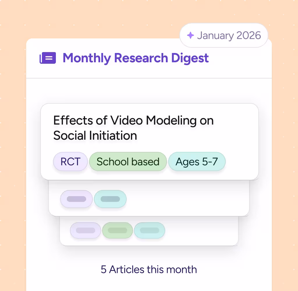 Monthly Research Digest for January 2026 showing an article titled 'Effects of Video Modeling on Social Initiation' tagged RCT, School based, Ages 5-7, with a note of 5 articles this month.