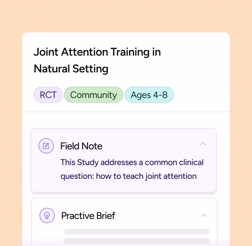 Screen showing a study titled 'Joint Attention Training in Natural Setting' with tags RCT, Community, and Ages 4-8, and a field note about teaching joint attention.