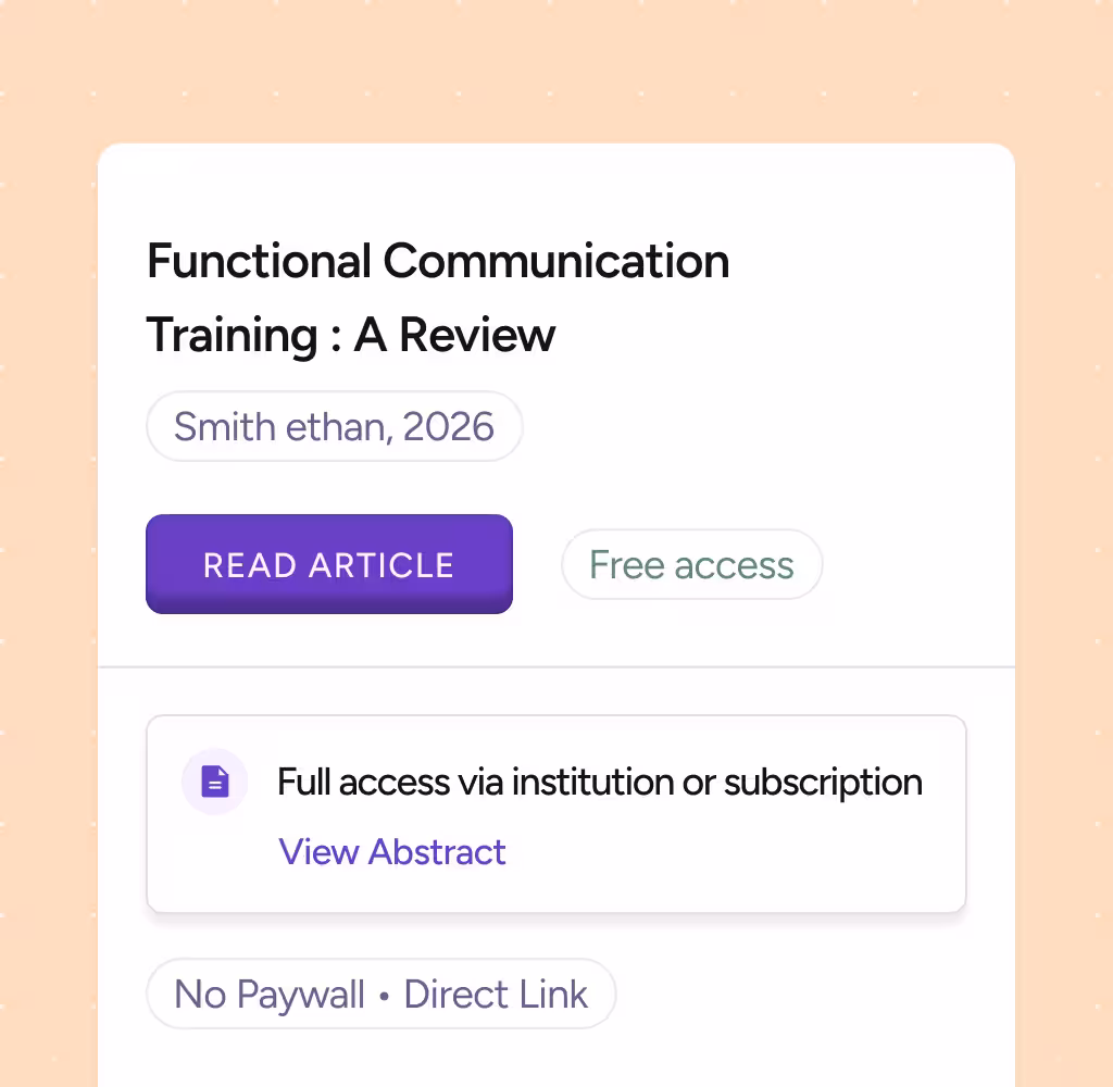 Article titled 'Functional Communication Training: A Review' by Smith Ethan, 2026, with options to read article, free access, view abstract, and notes on full access via subscription and no paywall direct link.