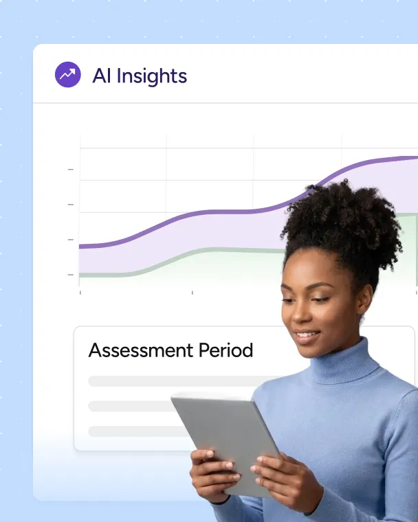 Smiling woman in blue turtleneck holding a tablet, with AI Insights graph and Assessment Period text.