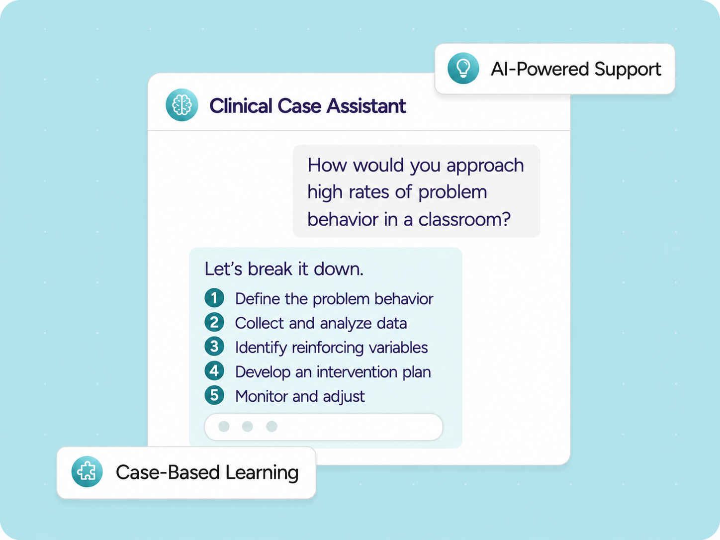 Clinical Case Assistant chat interface showing AI-powered support and case-based learning for behavior analysis