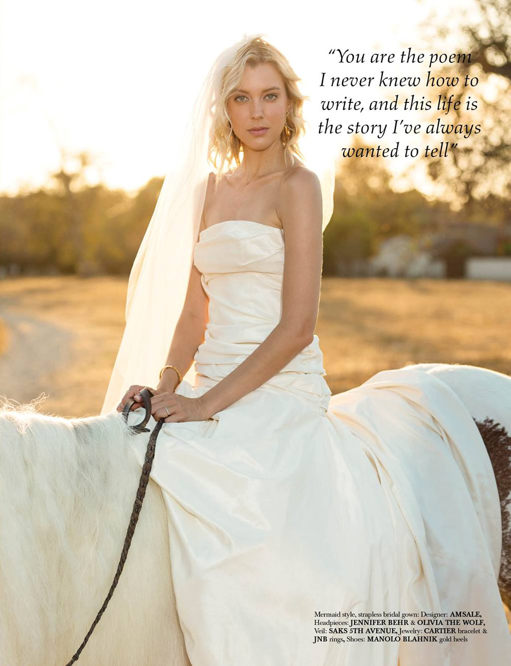 Bride on a white horse at golden hour