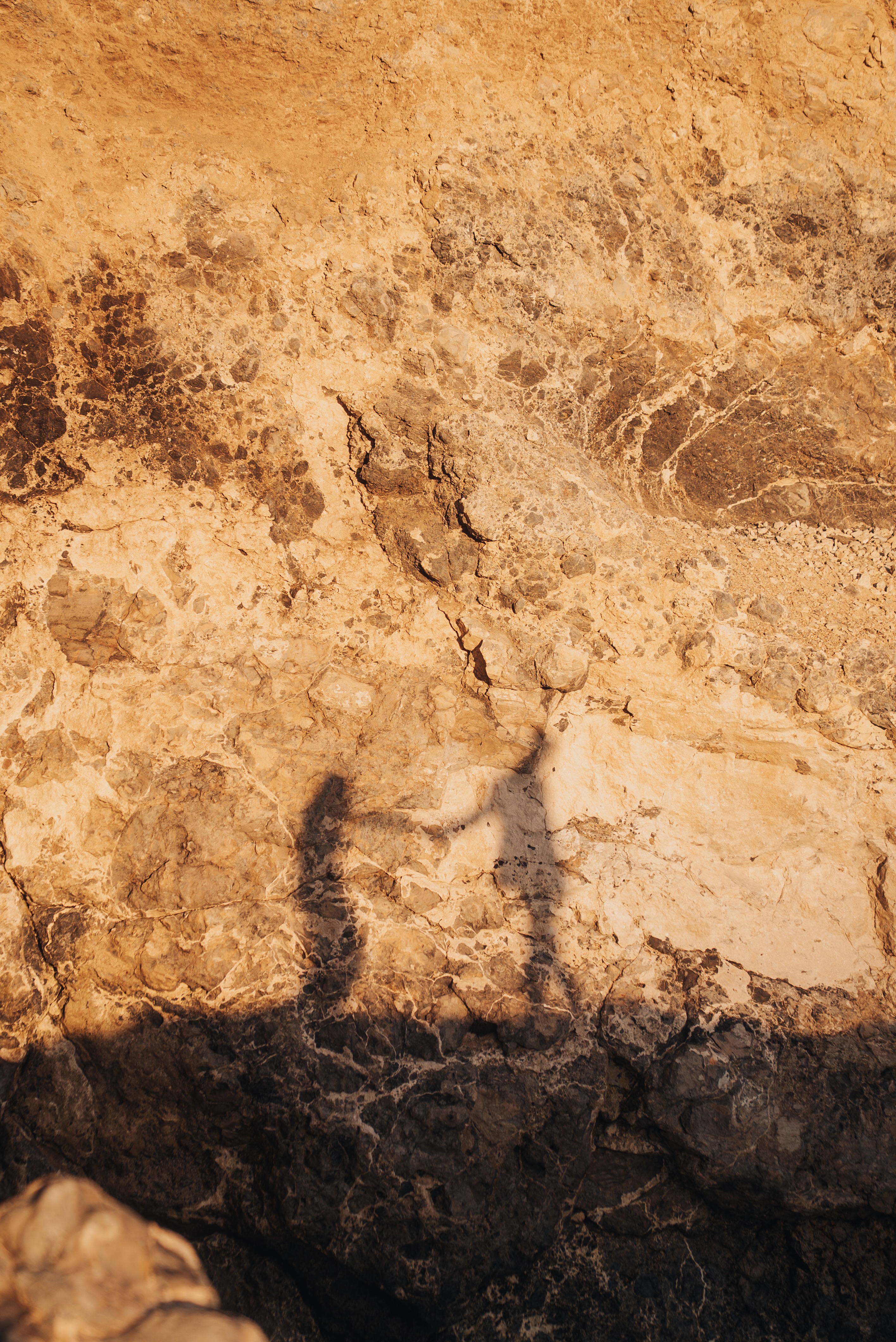 Couple's shadows holding hands on sunlit rock