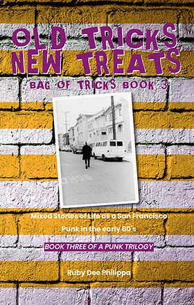 Old Tricks, New Treats book cover featuring a black and white photograph of a punk walking down a city street.
