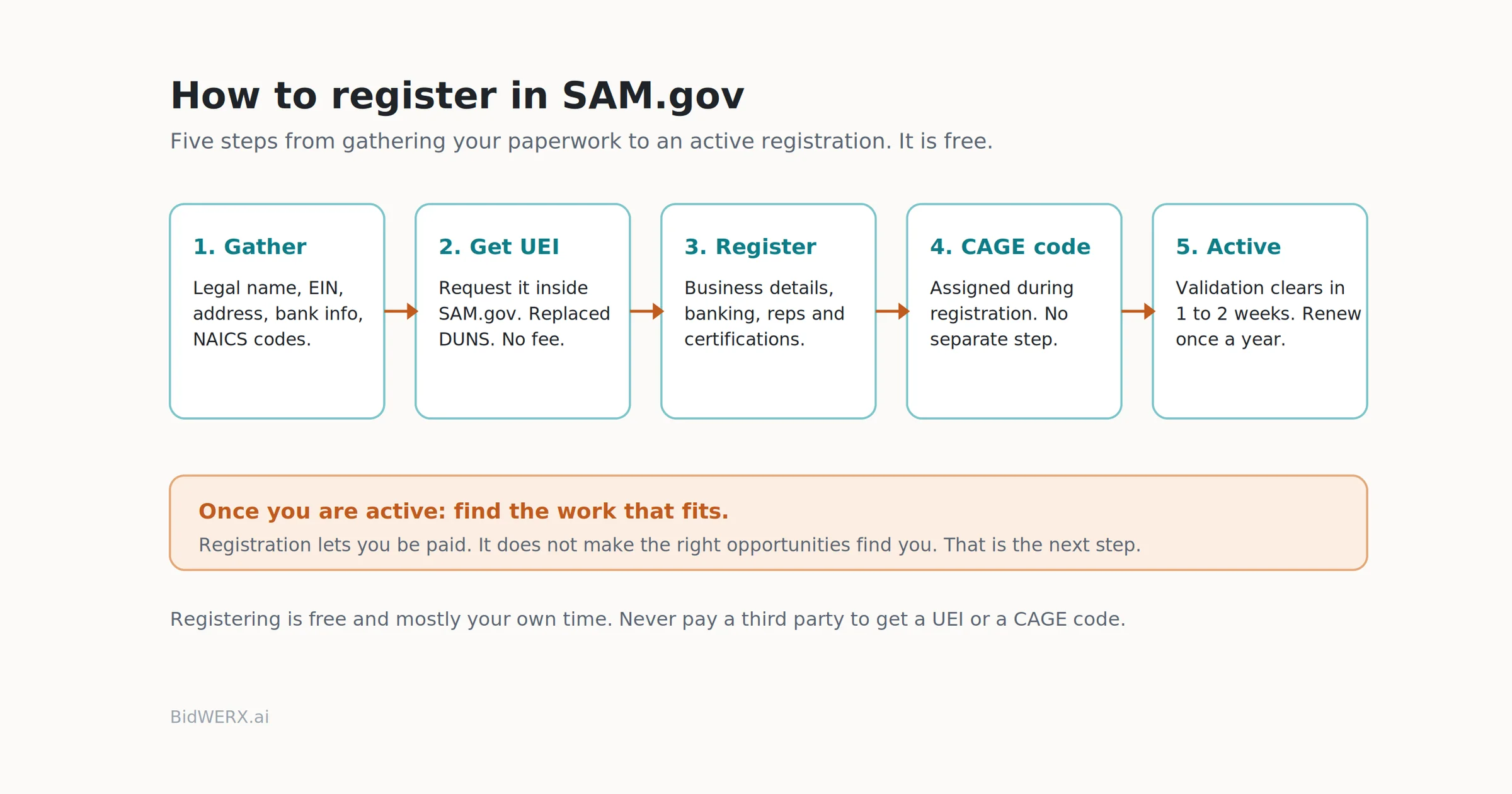 The SAM.gov registration path: gather your information, get your UEI, complete the entity registration, receive your CAGE code, and become active