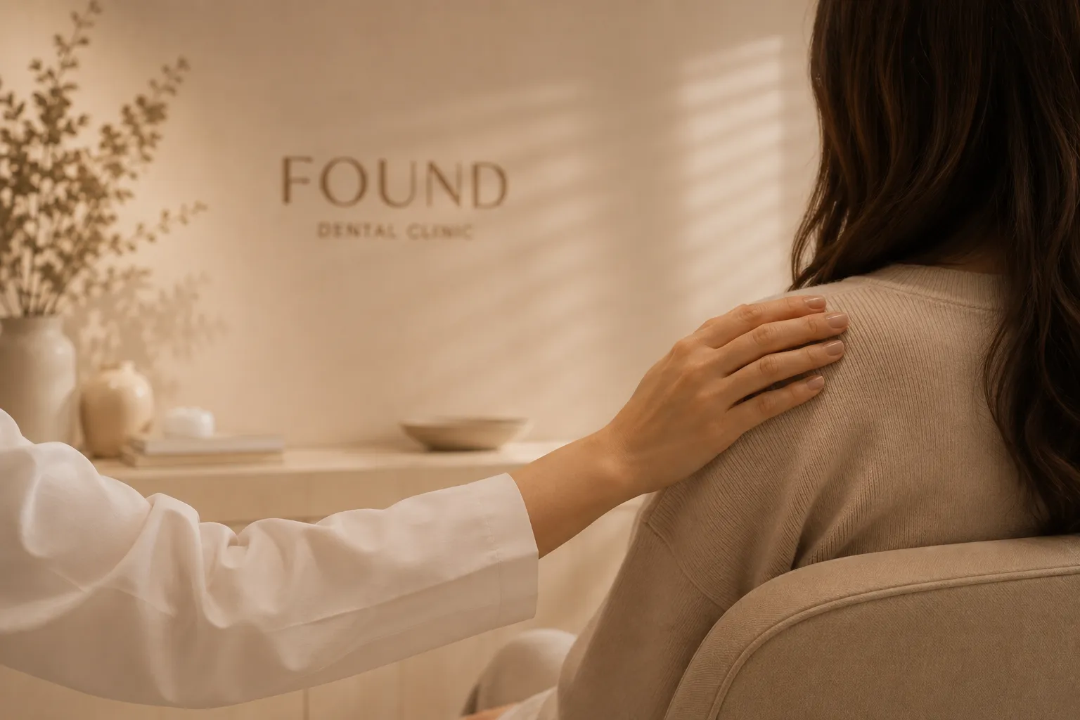 ทันตแพทย์วางมือบนไหล่คนไข้ที่นั่งพัก หน้าผนังโลโก้ FOUND Dental Clinic