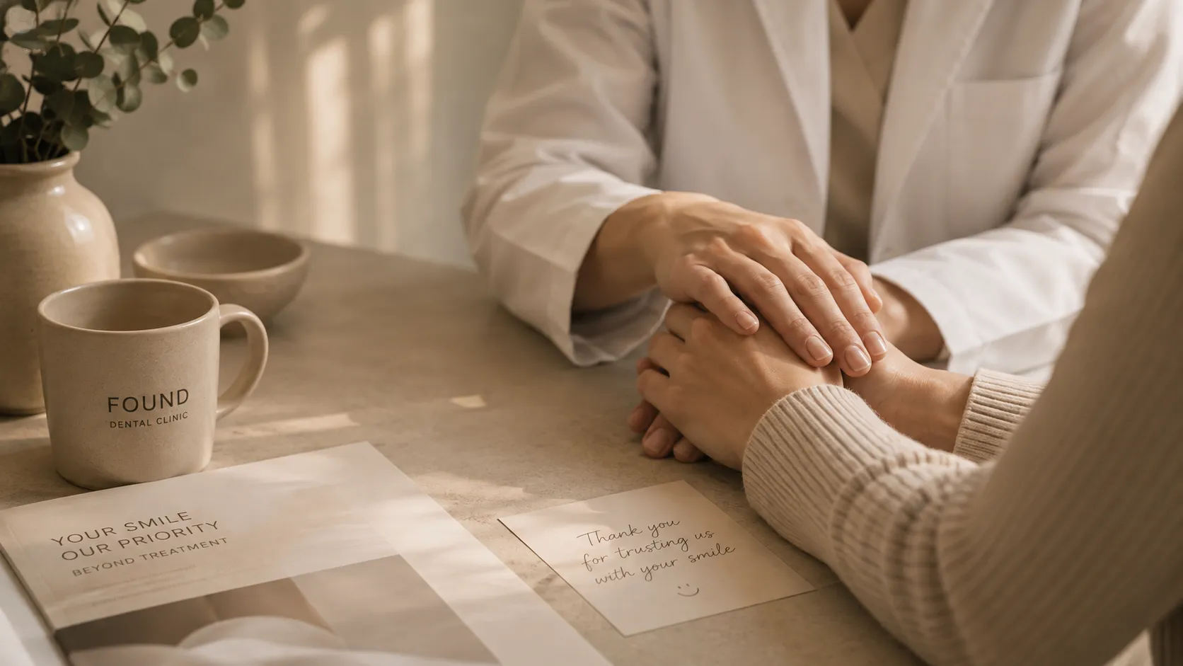 ทันตแพทย์วางมือปลอบคนไข้บนโต๊ะปรึกษา พร้อมการ์ดขอบคุณและแก้ว FOUND Dental Clinic