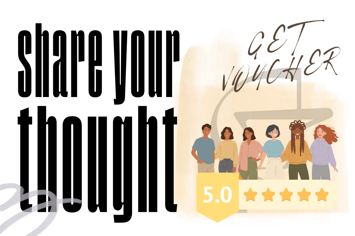 ภาพประกอบกลุ่มเพื่อนพร้อมป้ายคะแนนรีวิว 5.0 ดาว คู่กับข้อความ Share your thought get voucher