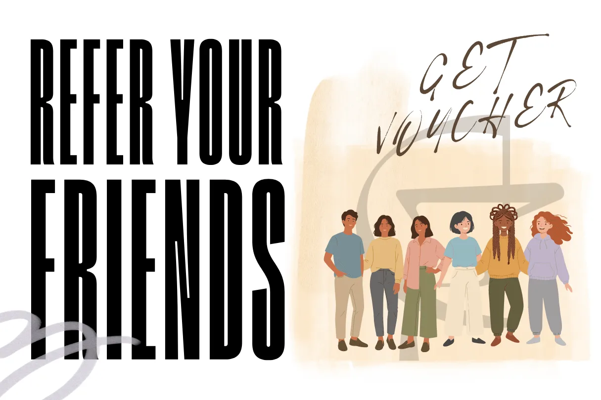 ภาพประกอบกลุ่มเพื่อน 6 คนยืนเรียงกัน คู่กับข้อความ Refer your friends get voucher