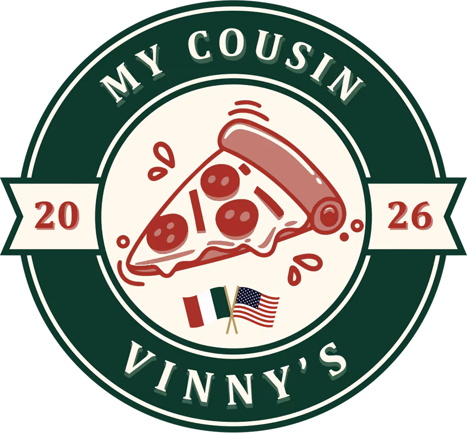 Logo with a pepperoni pizza slice, Italian and American flags, and text My Cousin Vinny's 2026.