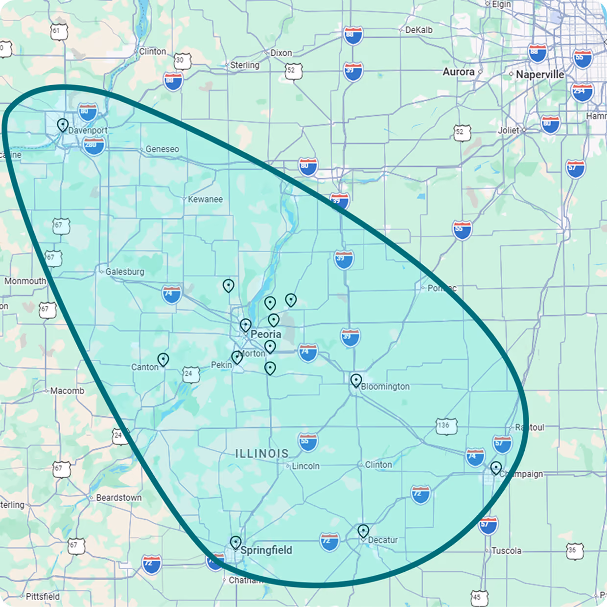 A map of all the areas Manta Permanent Lights services in Central Illinois.