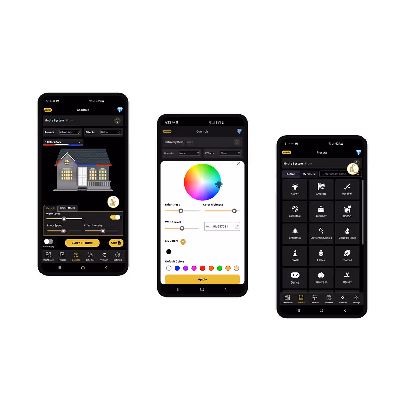 Permanent lighting mobile app to customize light settings, brightness, and themes.